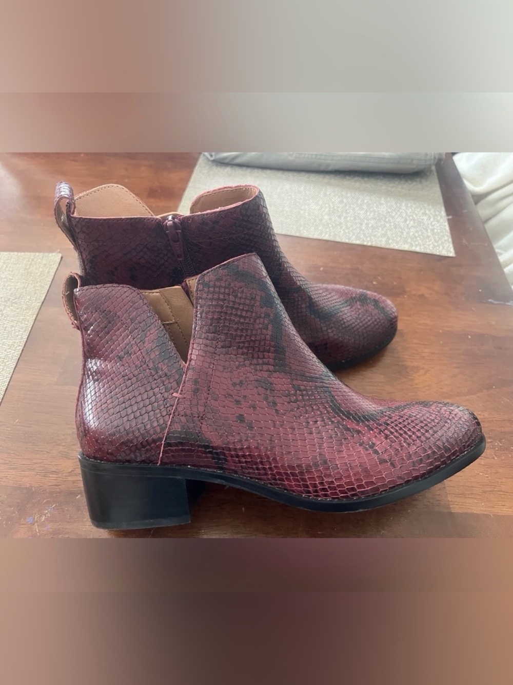 Like new. Vionic Ankle Leathet Snakeskin look boots in red and black